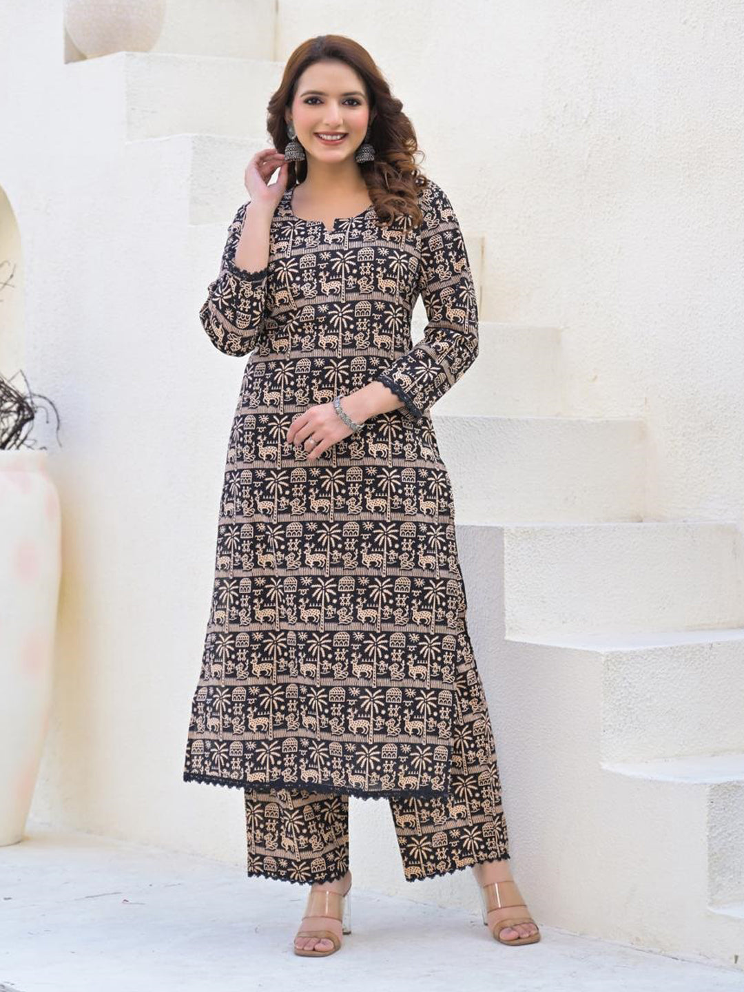 Straight Style Cotton Fabric Black Color Kurta And Bottom