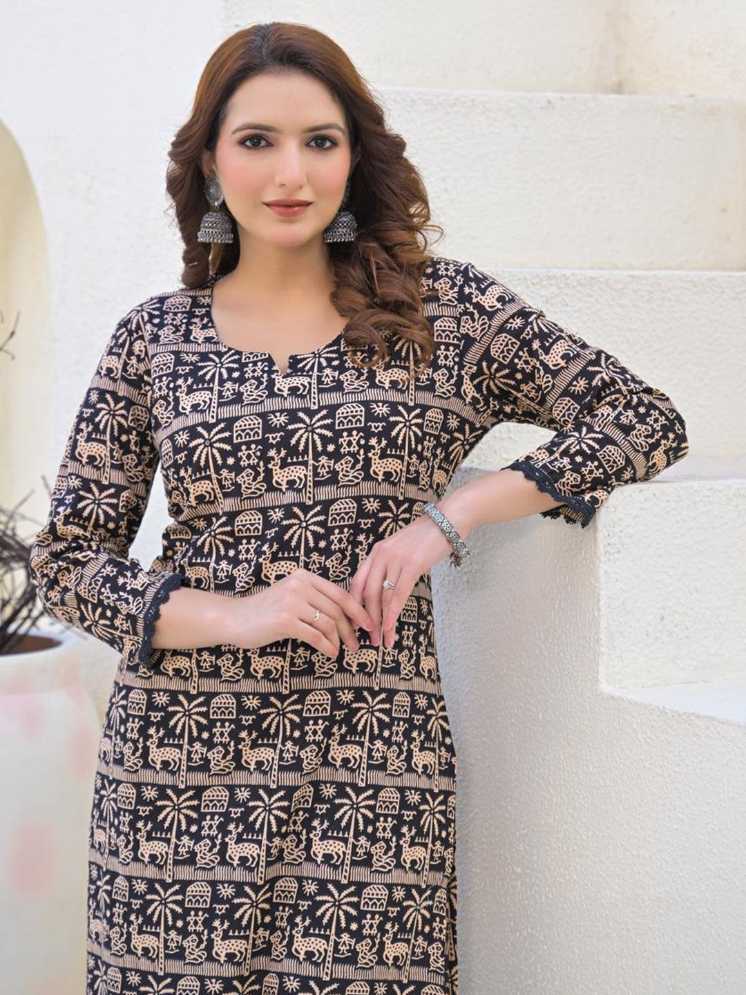 Straight Style Cotton Fabric Black Color Kurta And Bottom