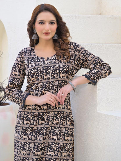 Straight Style Cotton Fabric Black Color Kurta And Bottom