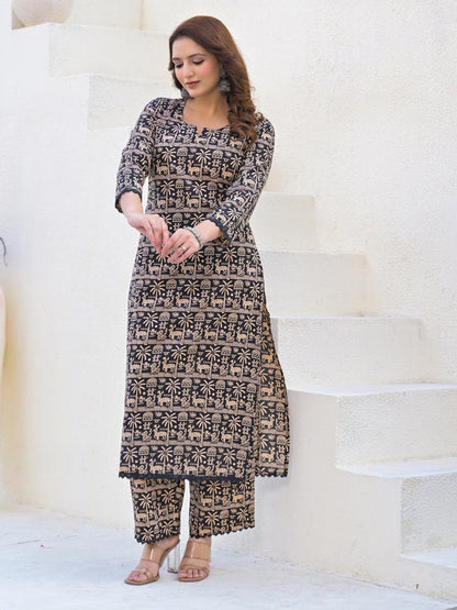 Straight Style Cotton Fabric Black Color Kurta And Bottom