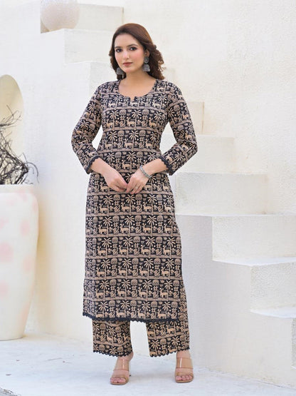 Straight Style Cotton Fabric Black Color Kurta And Bottom