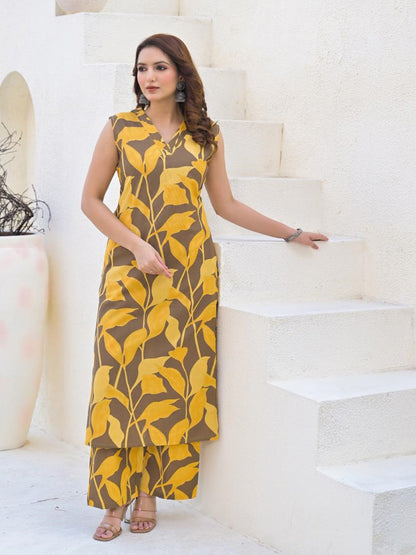 Straight Style Cotton Fabric Yellow Color Kurta And Bottom