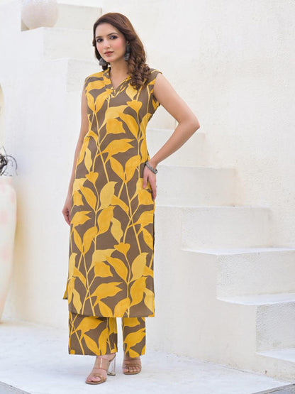 Straight Style Cotton Fabric Yellow Color Kurta And Bottom