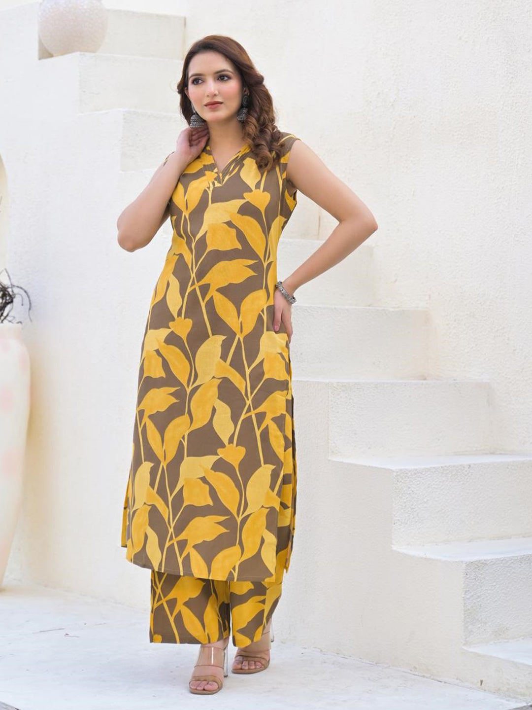 Straight Style Cotton Fabric Yellow Color Kurta And Bottom