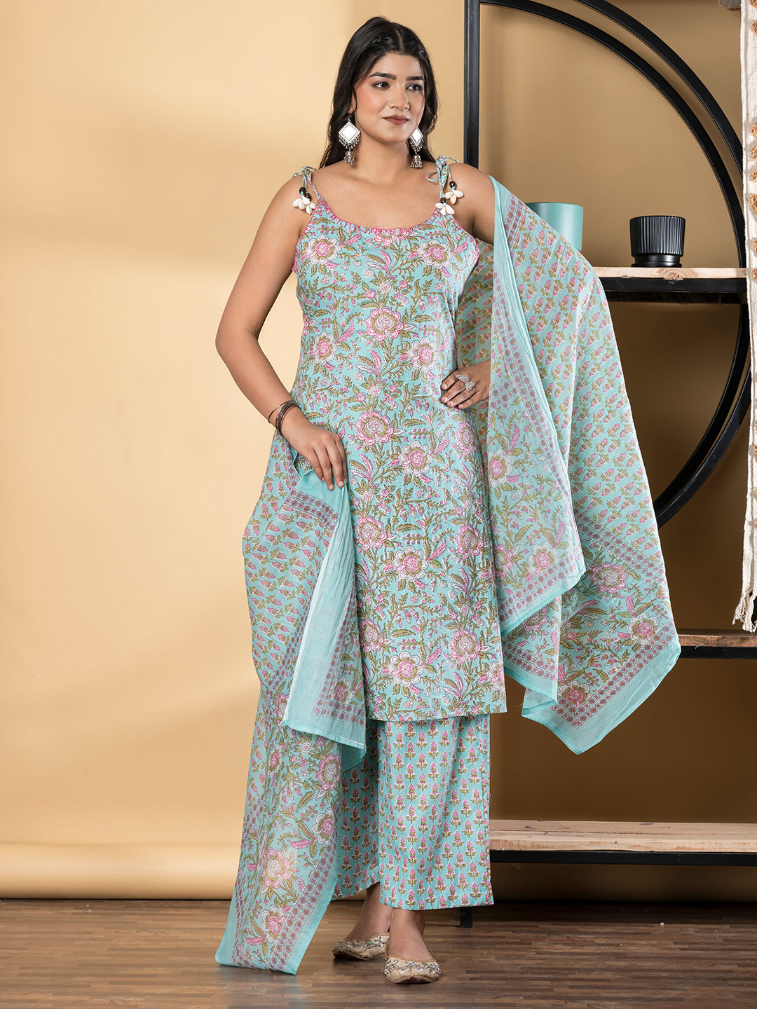 Straight Style Cotton Fabric Turquoise Blue Color Kurta And Bottom With Dupatta