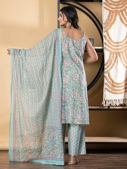 Straight Style Cotton Fabric Turquoise Blue Color Kurta And Bottom With Dupatta
