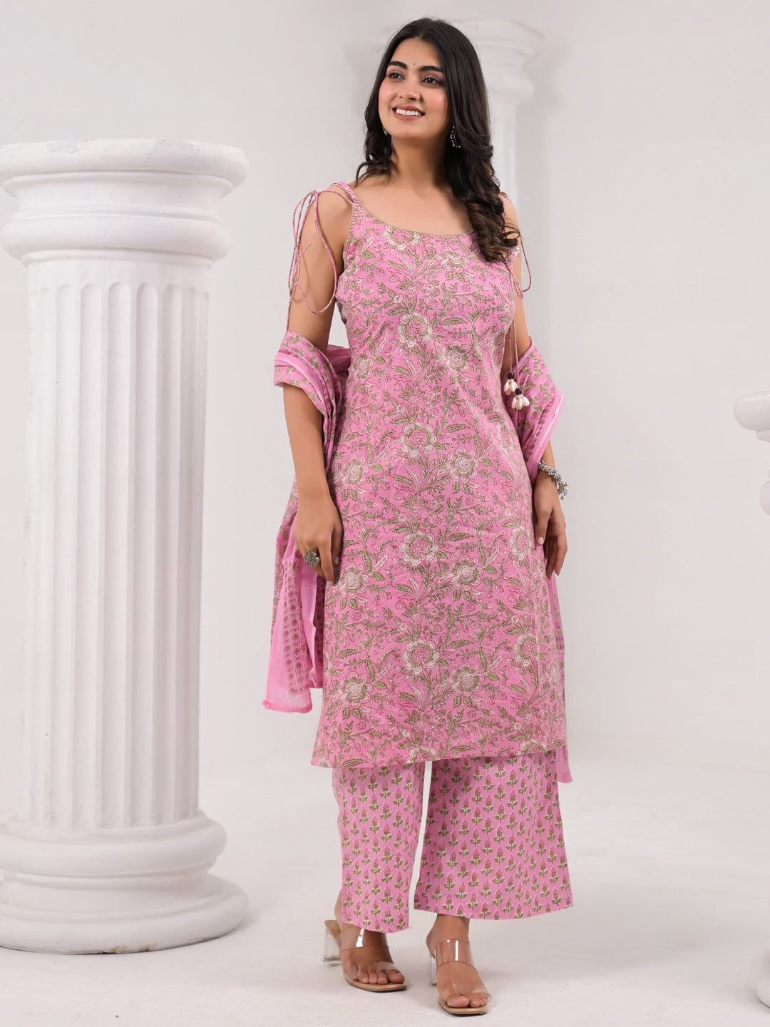 Straight Style Cotton Fabric Pink Color Kurta And Bottom With Dupatta