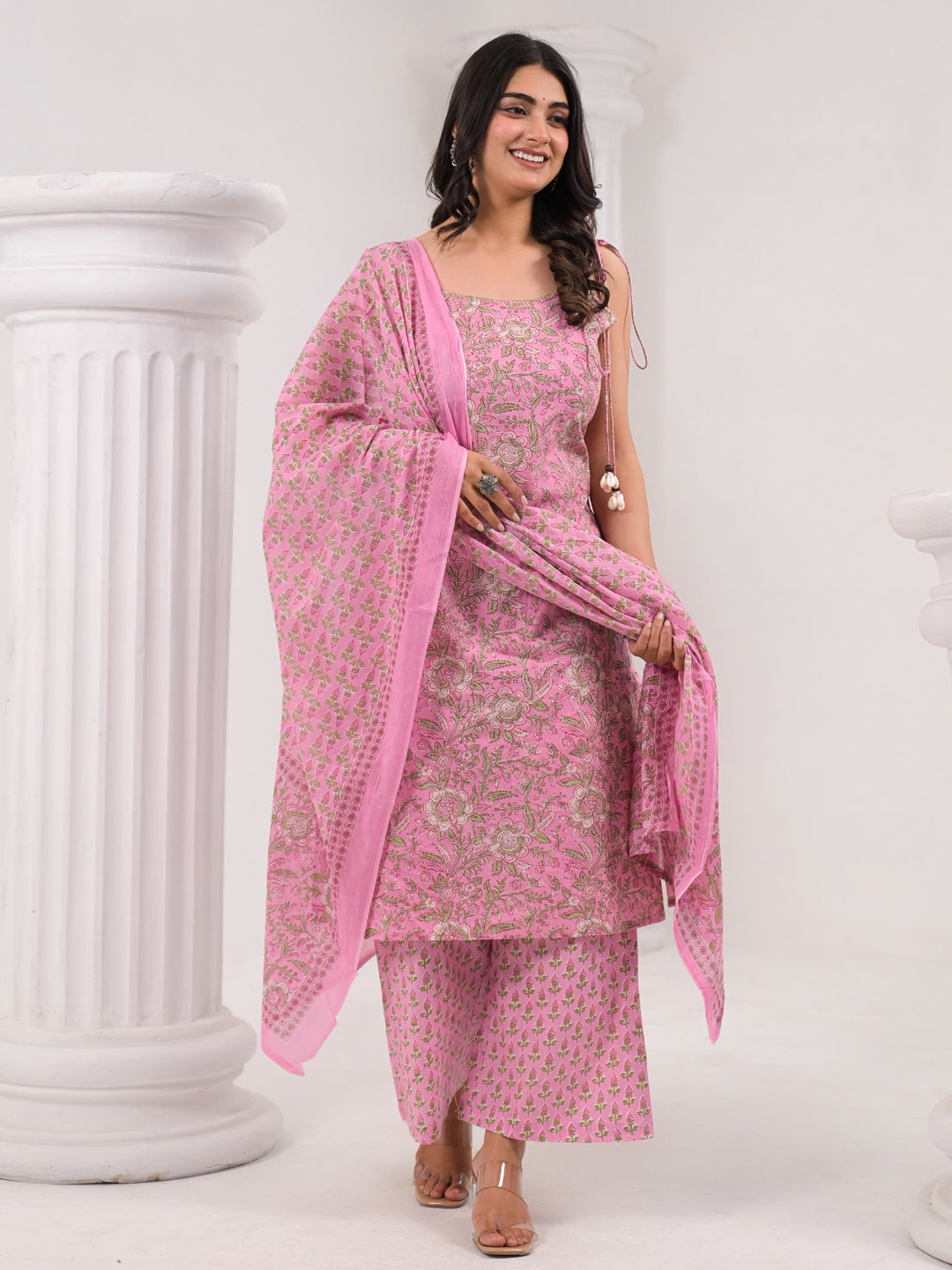 Straight Style Cotton Fabric Pink Color Kurta And Bottom With Dupatta