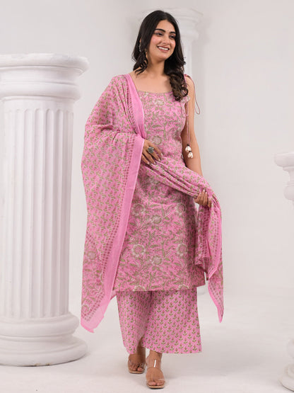 Straight Style Cotton Fabric Pink Color Kurta And Bottom With Dupatta