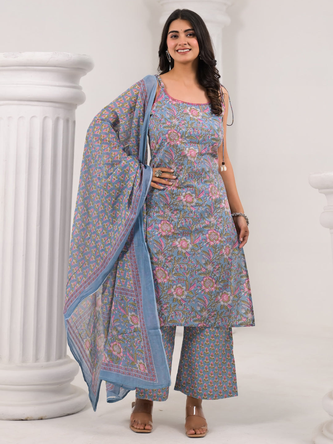 Straight Style Cotton Fabric Grey Color Kurta And Bottom With Dupatta