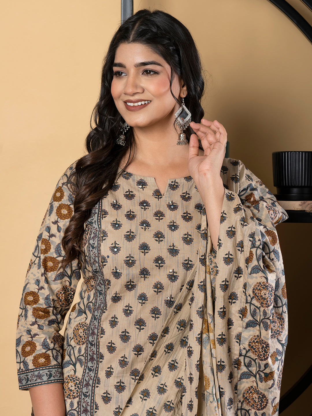 Straight Style Cotton Fabric Beige Color Kurta And Bottom With Dupatta