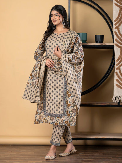Straight Style Cotton Fabric Beige Color Kurta And Bottom With Dupatta