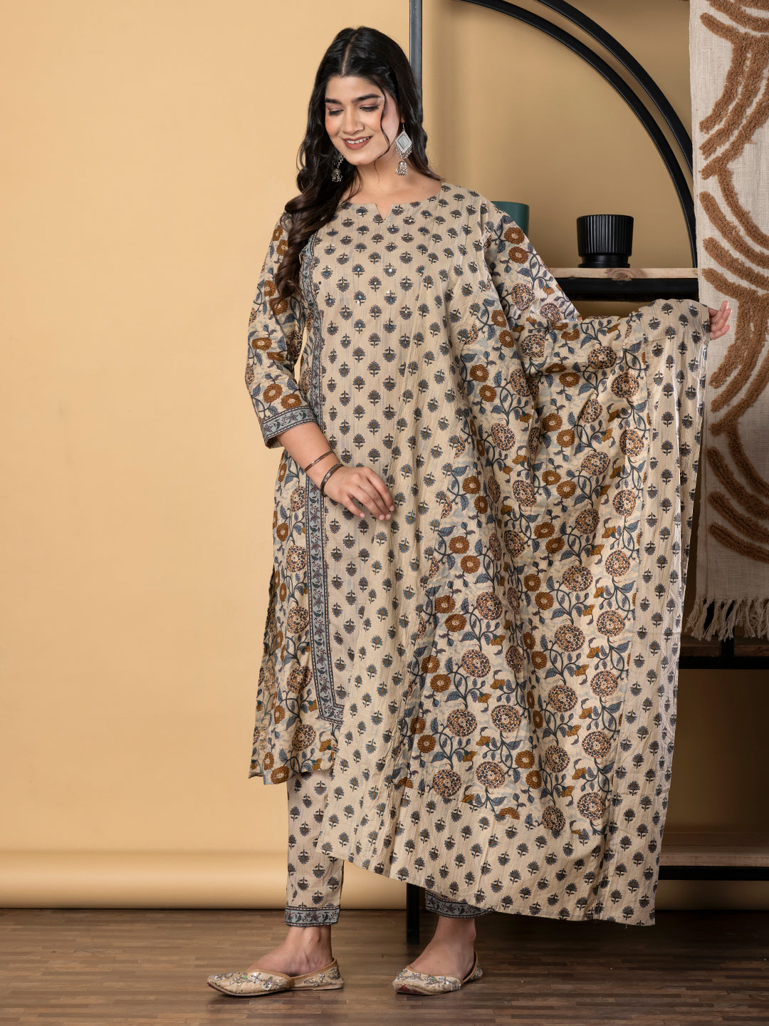 Straight Style Cotton Fabric Beige Color Kurta And Bottom With Dupatta