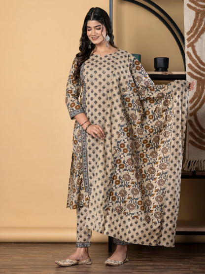 Straight Style Cotton Fabric Beige Color Kurta And Bottom With Dupatta