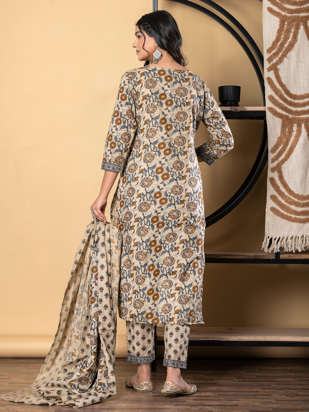 Straight Style Cotton Fabric Beige Color Kurta And Bottom With Dupatta
