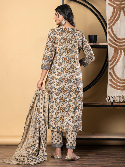 Straight Style Cotton Fabric Beige Color Kurta And Bottom With Dupatta