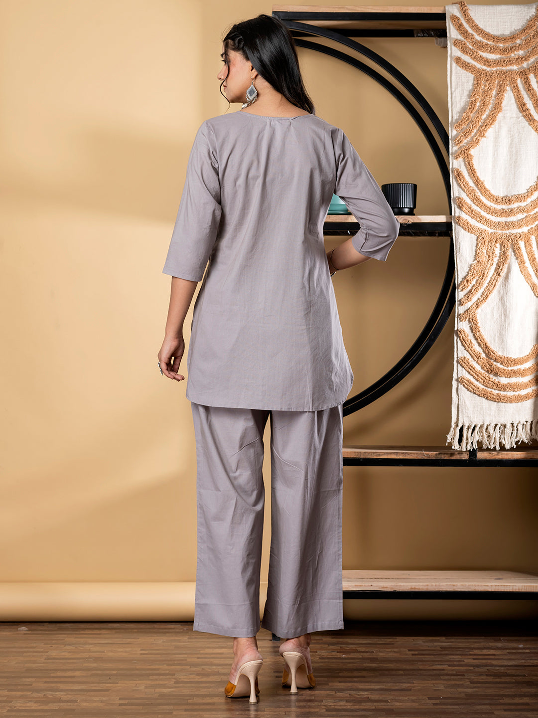 Curved Style Cotton Fabric Beige Color Co-Ord Set