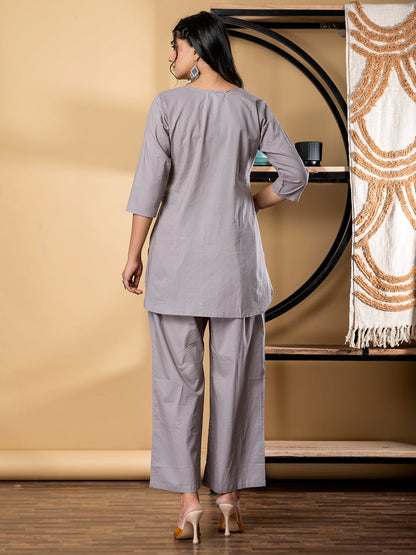 Curved Style Cotton Fabric Beige Color Co-Ord Set