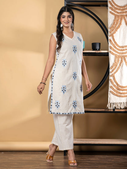 Straight Style Cotton Flex Fabric Off White Color Co-Ord Set