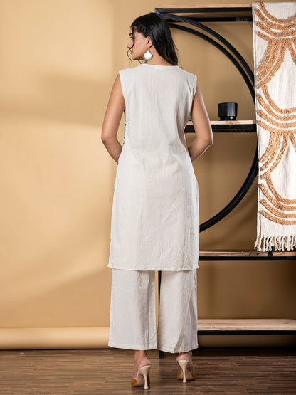 Straight Style Cotton Flex Fabric Off White Color Co-Ord Set