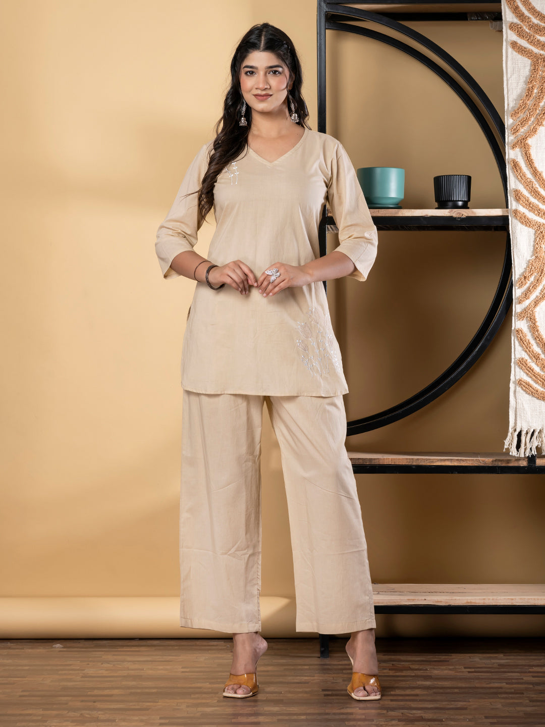 Curved Style Cotton Fabric Nude Color Co-Ord Set