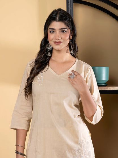 Curved Style Cotton Fabric Nude Color Co-Ord Set