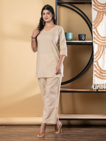 Curved Style Cotton Fabric Nude Color Co-Ord Set