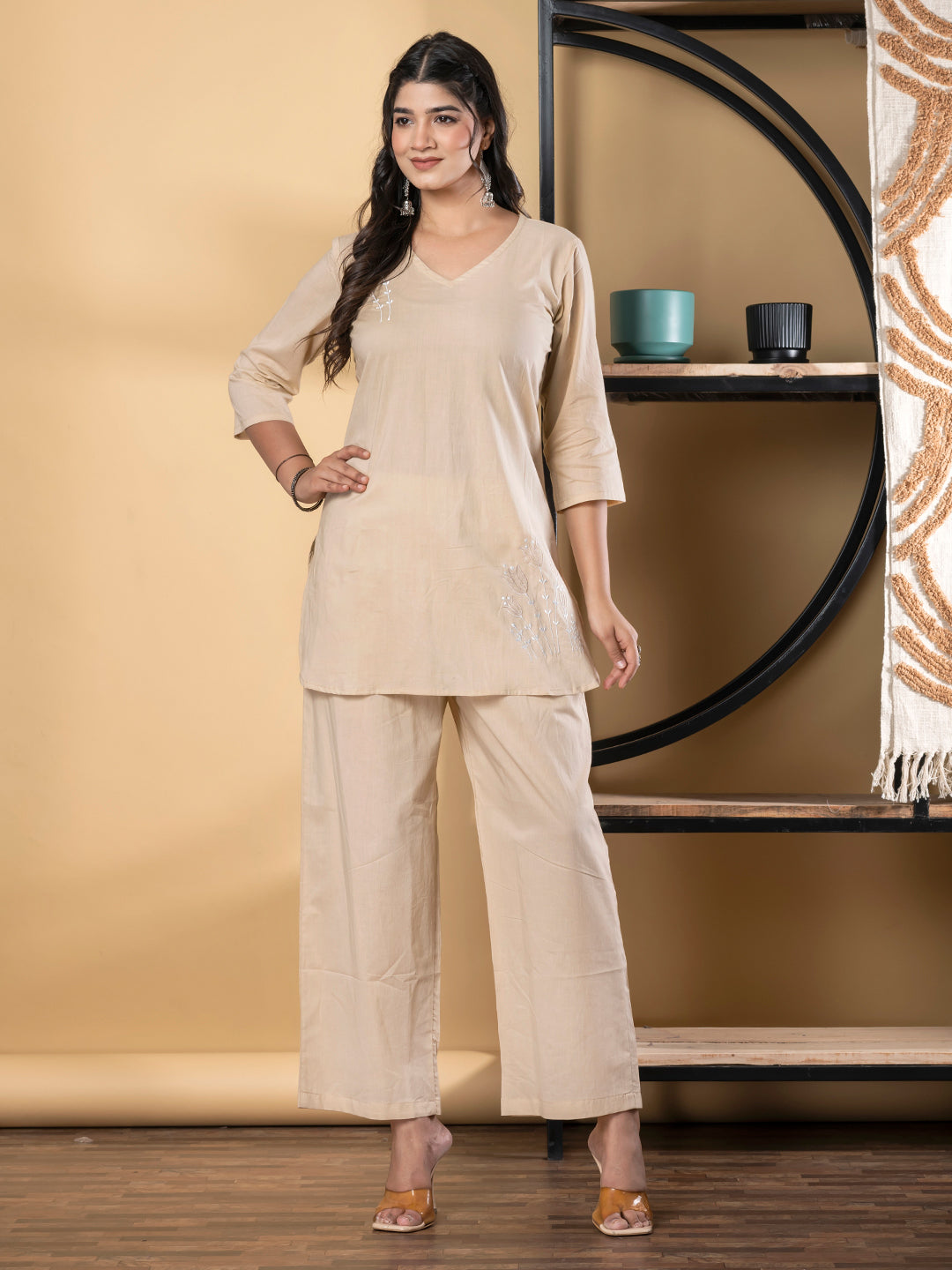 Curved Style Cotton Fabric Nude Color Co-Ord Set