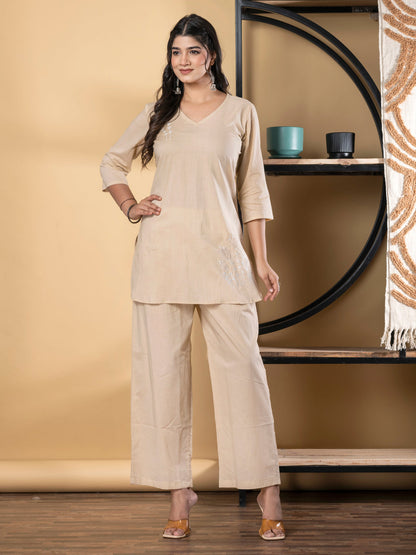 Curved Style Cotton Fabric Nude Color Co-Ord Set