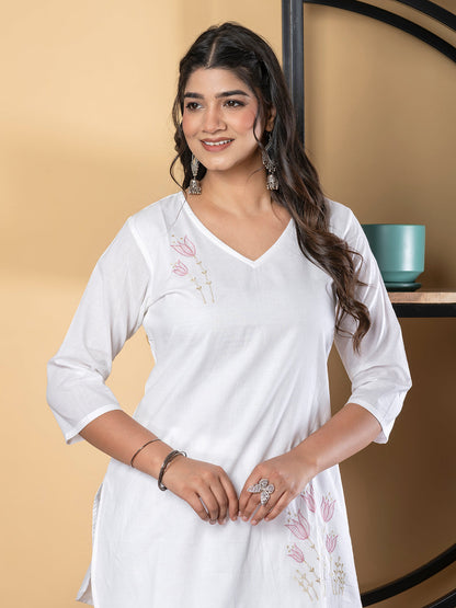 Curved Style Cotton Fabric White Color Co-Ord Set