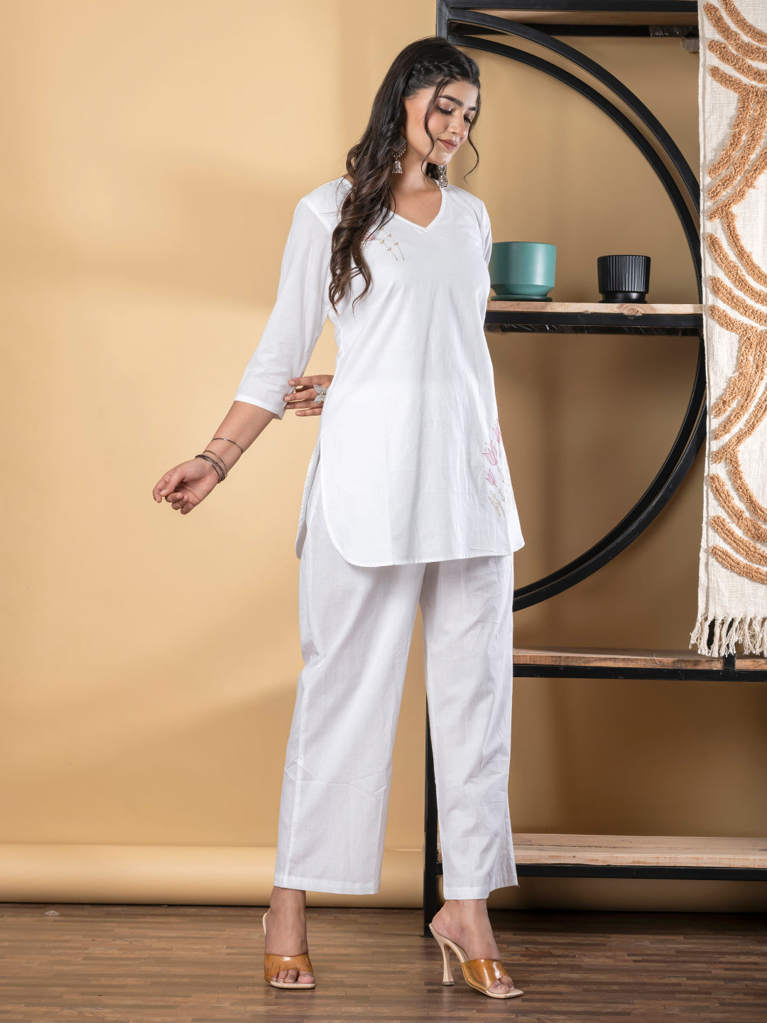 Curved Style Cotton Fabric White Color Co-Ord Set