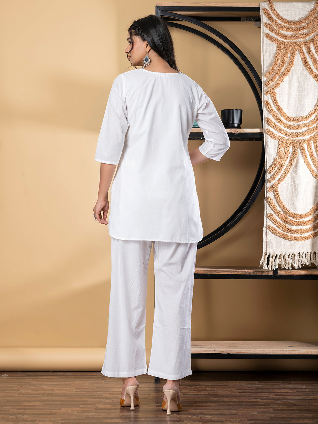 Curved Style Cotton Fabric White Color Co-Ord Set