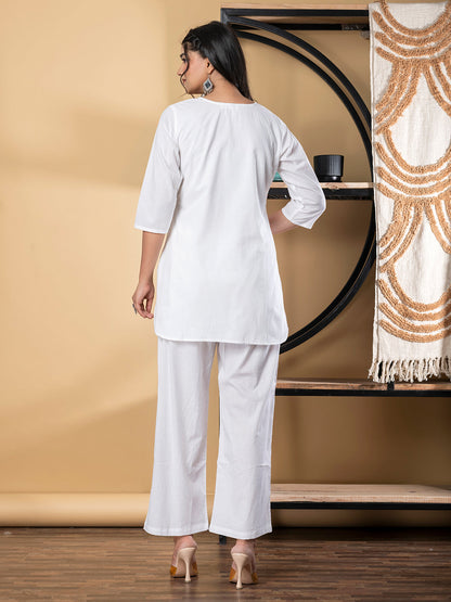 Curved Style Cotton Fabric White Color Co-Ord Set