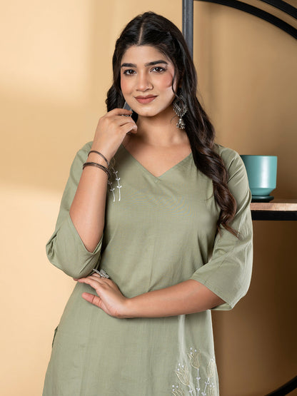 Curved Style Cotton Fabric Green Color Co-Ord Set