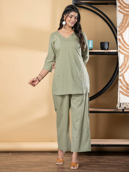 Curved Style Cotton Fabric Green Color Co-Ord Set