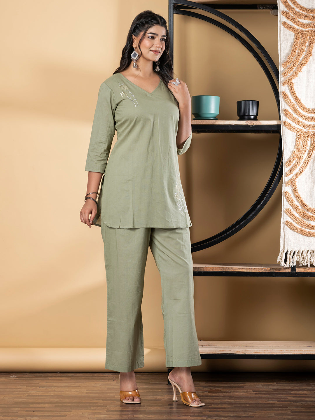 Curved Style Cotton Fabric Green Color Co-Ord Set