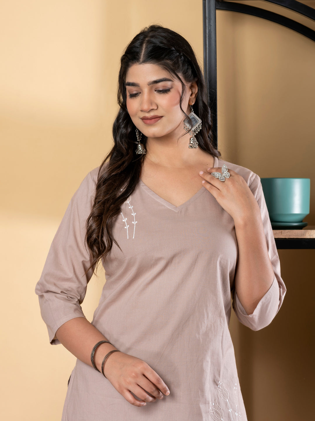 Curved Style Cotton Fabric Brown Color Co-Ord Set