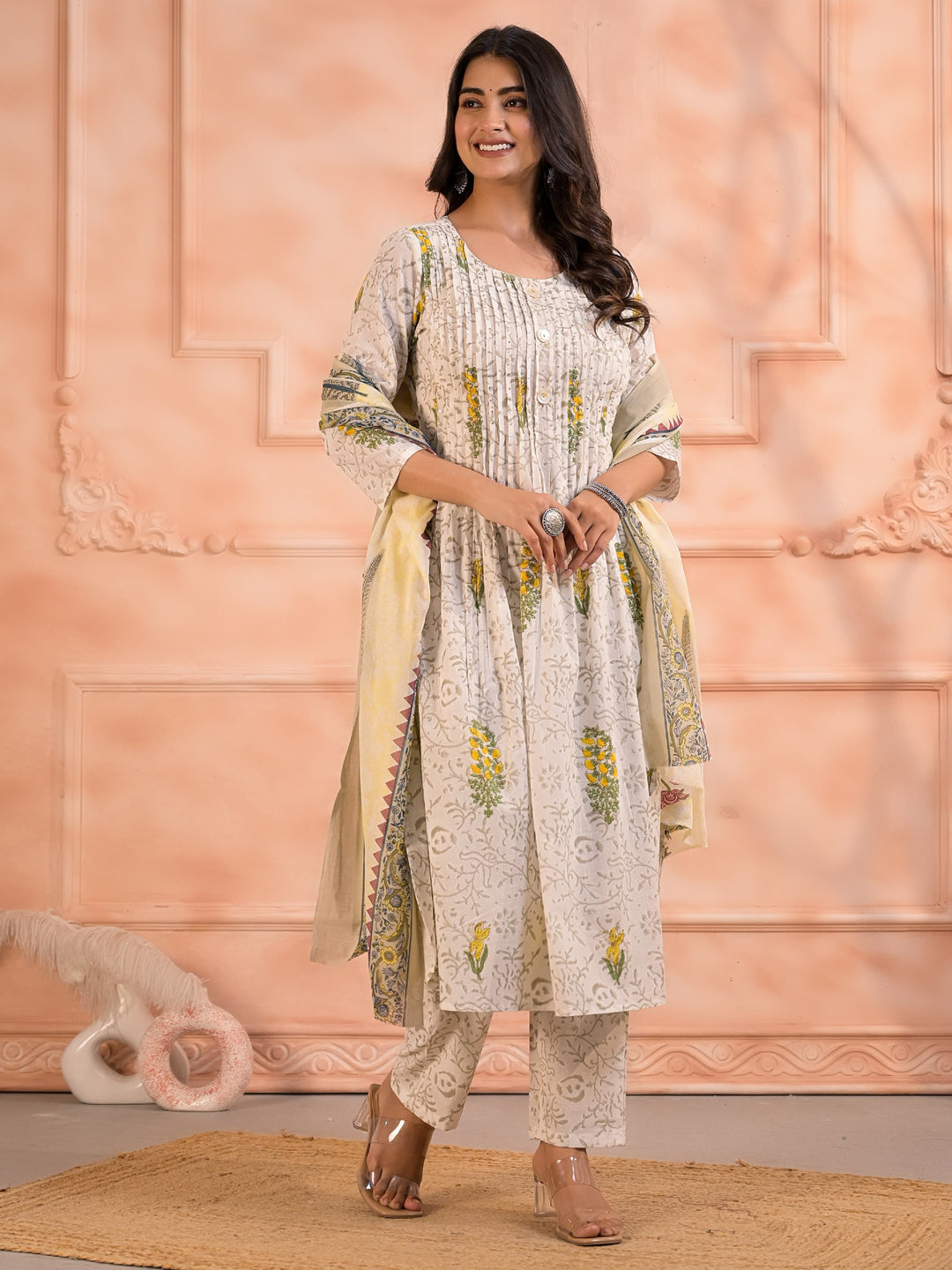 A Line Style Cotton Fabric White Color Kurta And Bottom With Dupatta