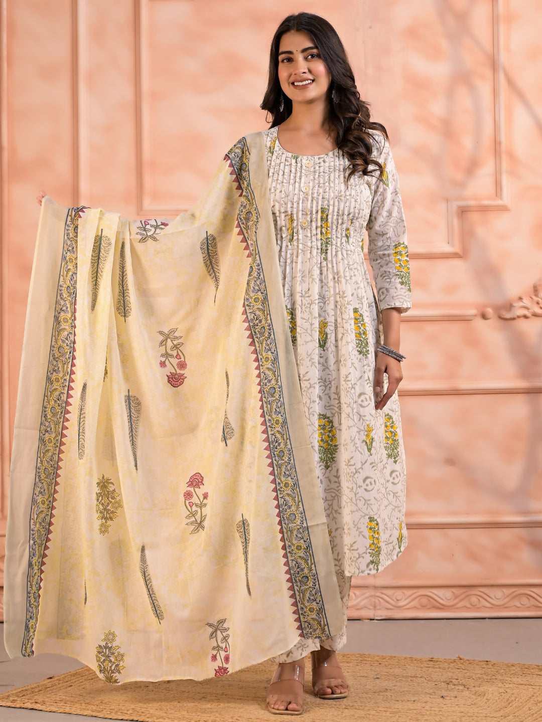 A Line Style Cotton Fabric White Color Kurta And Bottom With Dupatta