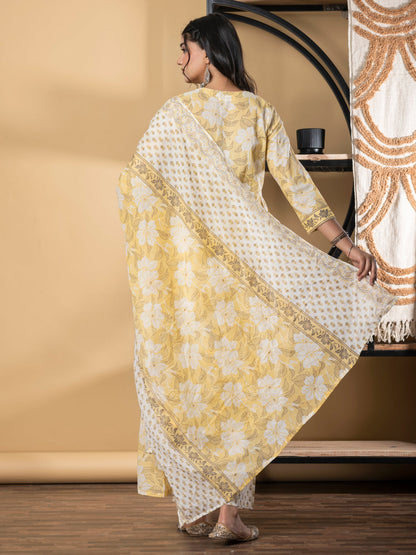 A Line Style Cotton Fabric Yellow Color Kurta And Bottom With Dupatta