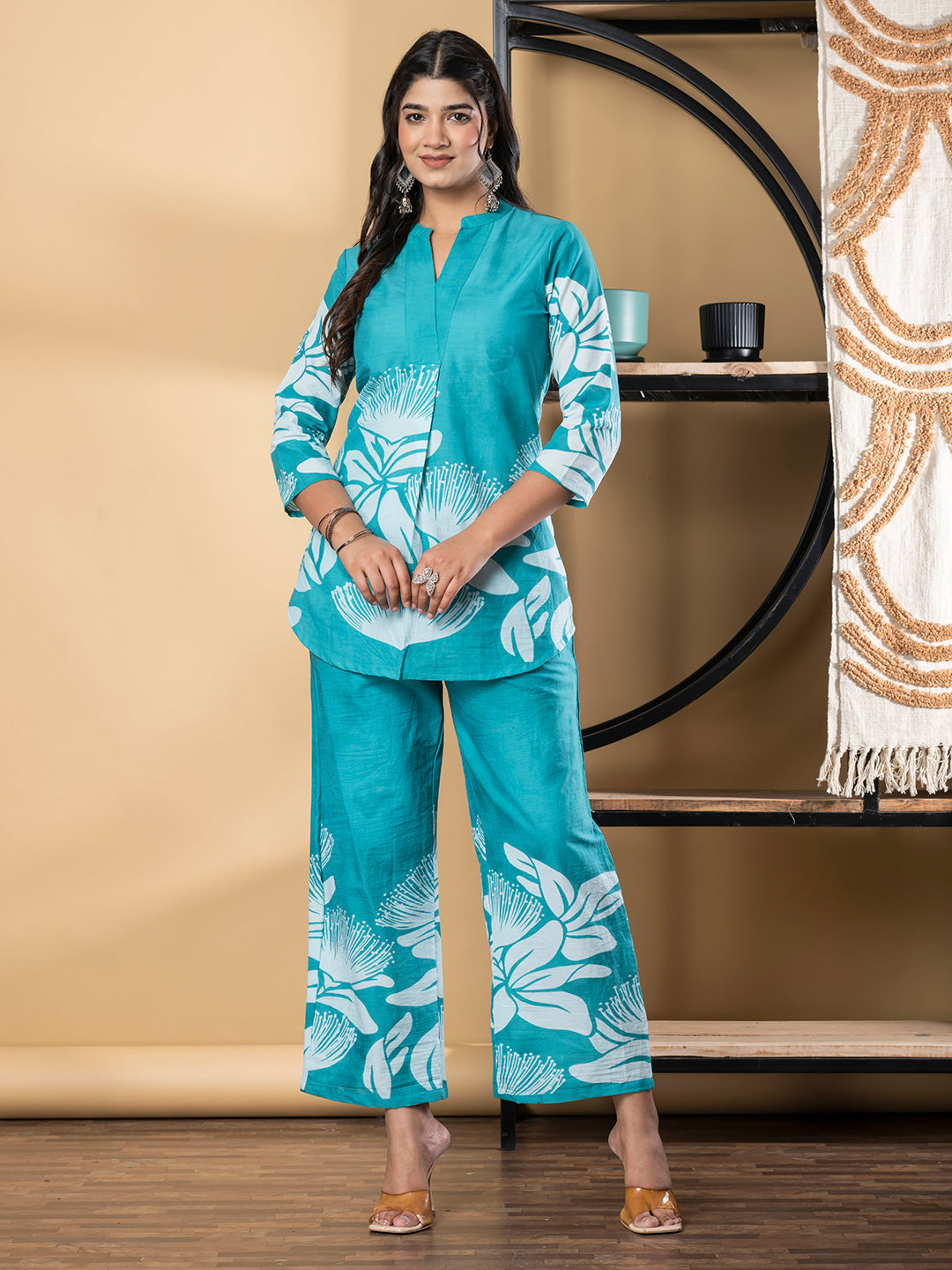 Curved Style Cotton Fabric Turquoise Blue Color Co-Ord Set