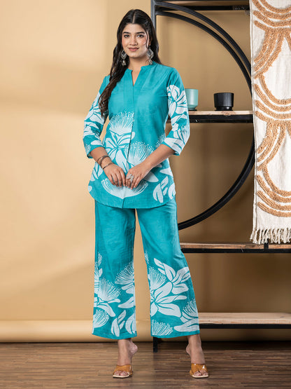 Curved Style Cotton Fabric Turquoise Blue Color Co-Ord Set