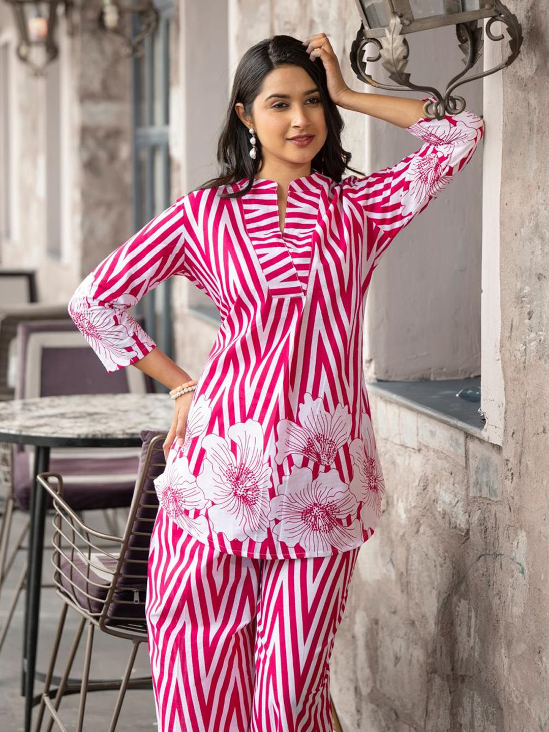 Curved Style Cotton Fabric Maroon Color Co-Ord Set