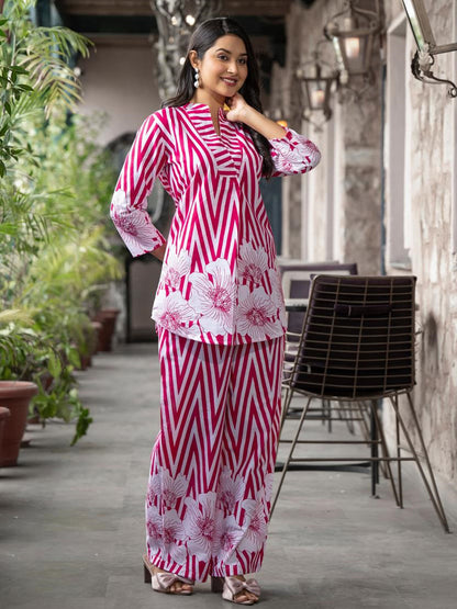 Curved Style Cotton Fabric Maroon Color Co-Ord Set