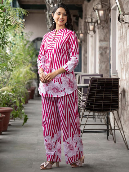 Curved Style Cotton Fabric Maroon Color Co-Ord Set