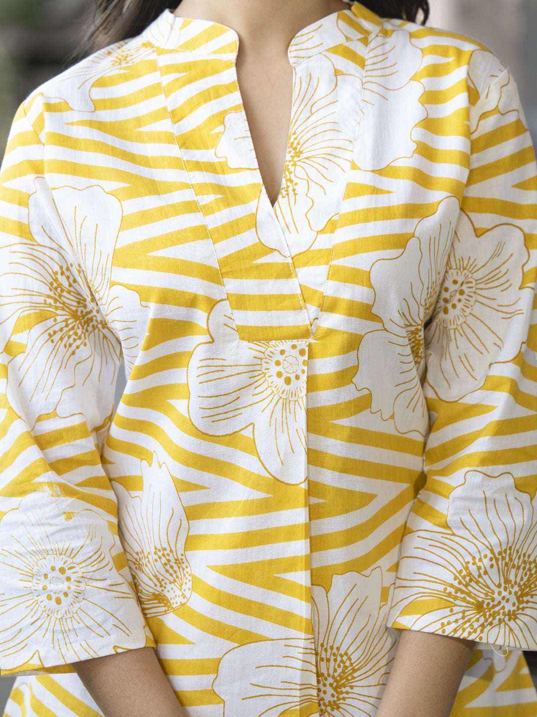 Curved Style Cotton Fabric Yellow Color Co-Ord Set