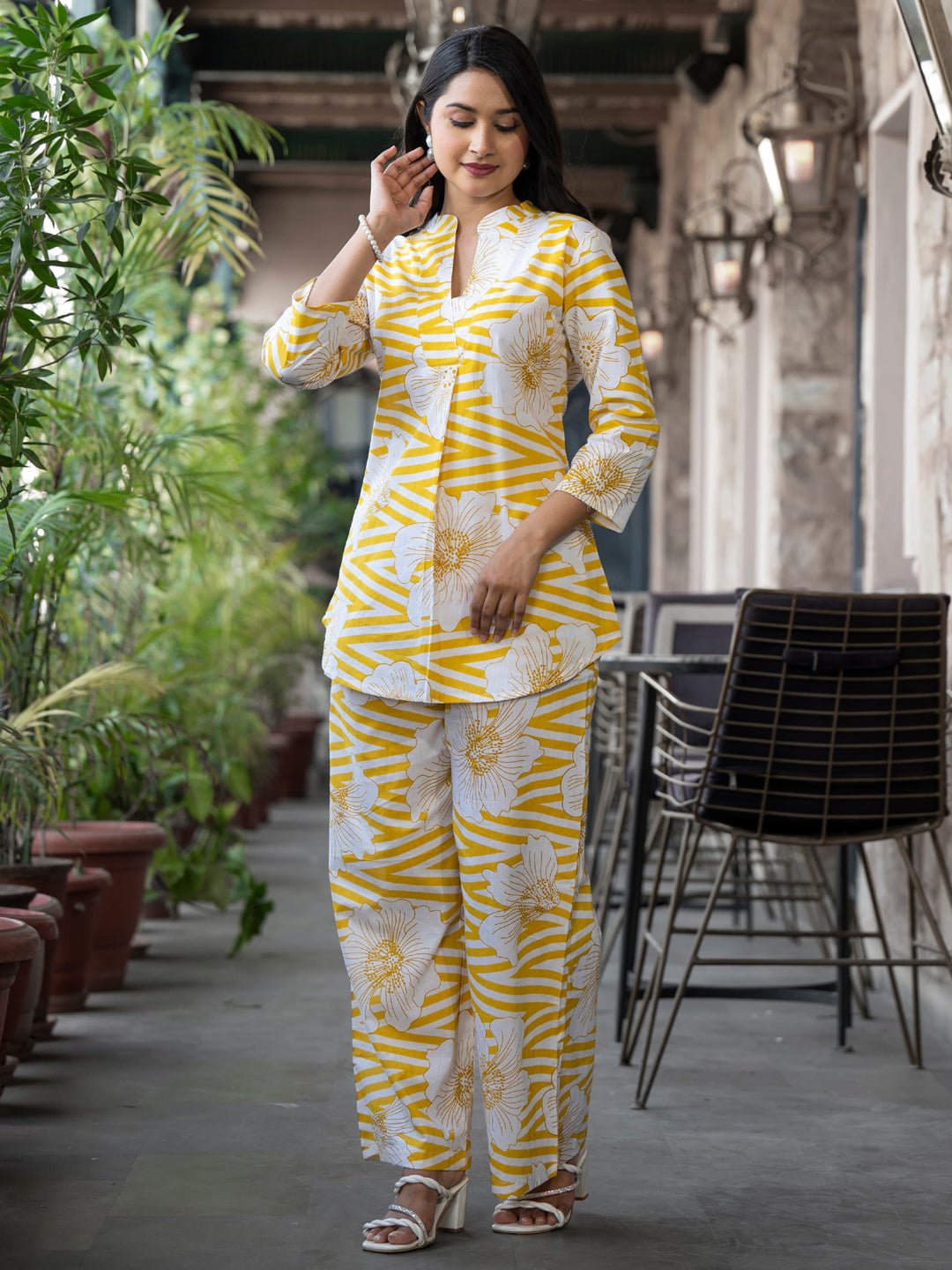 Curved Style Cotton Fabric Yellow Color Co-Ord Set