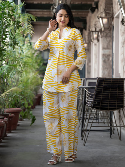 Curved Style Cotton Fabric Yellow Color Co-Ord Set