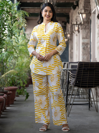 Curved Style Cotton Fabric Yellow Color Co-Ord Set