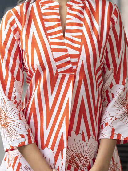 Curved Style Cotton Fabric Orange Color Co-Ord Set